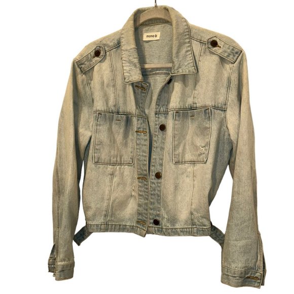 mono b light wash denim chambray epaulets jean jacket L - Picture 1 of 5